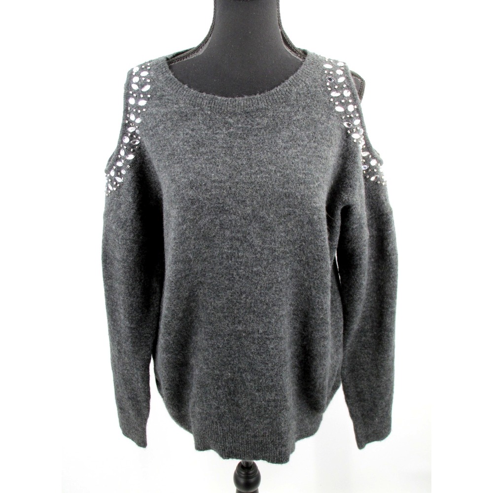 INC International Concepts Women XL Gray Cold Shoulder Jeweled Wool Sweater